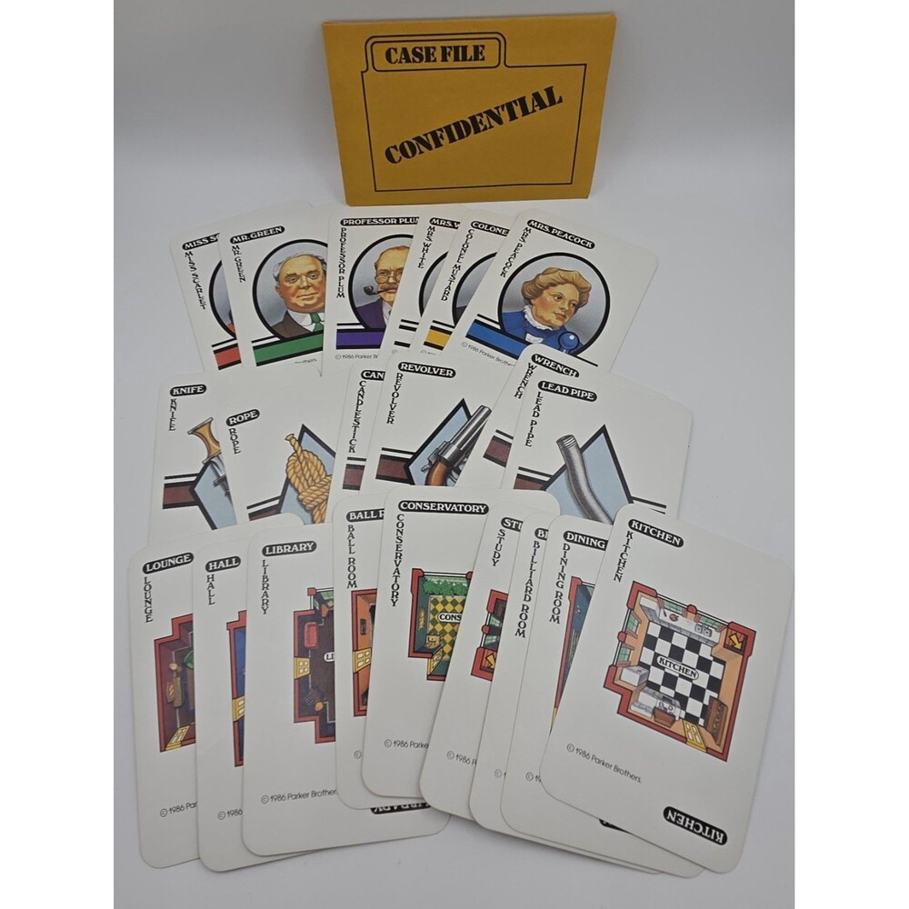 Vintage Clue Board Game 1986 Replacement Pieces 21 Cards Complete Set & Envelope